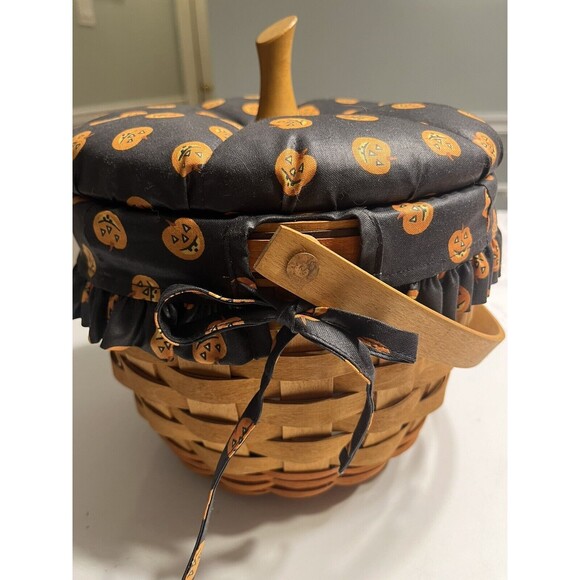 Longaberger Pumpkin Fall Stem Lid Basket Jack O' Lantern Liner Protector Combo - Picture 2 of 15